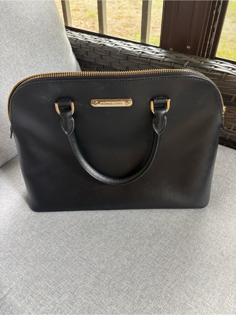Michael Kors Black Leather Dome Satchel with Gold Hardware